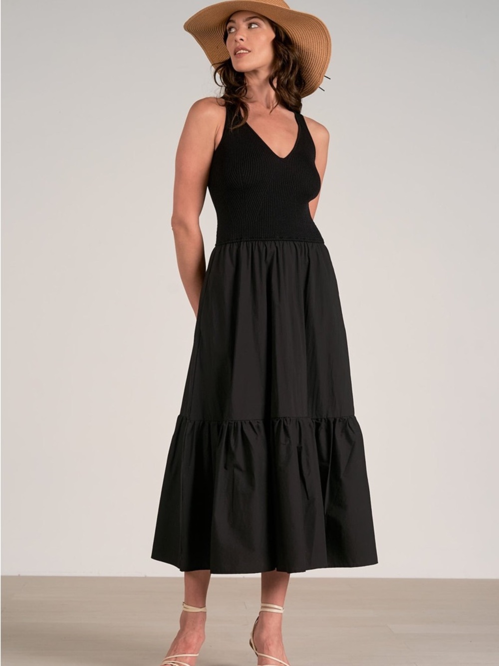 Elan Rhode Maxi Tank Ribbed Bodice Tiered Dress